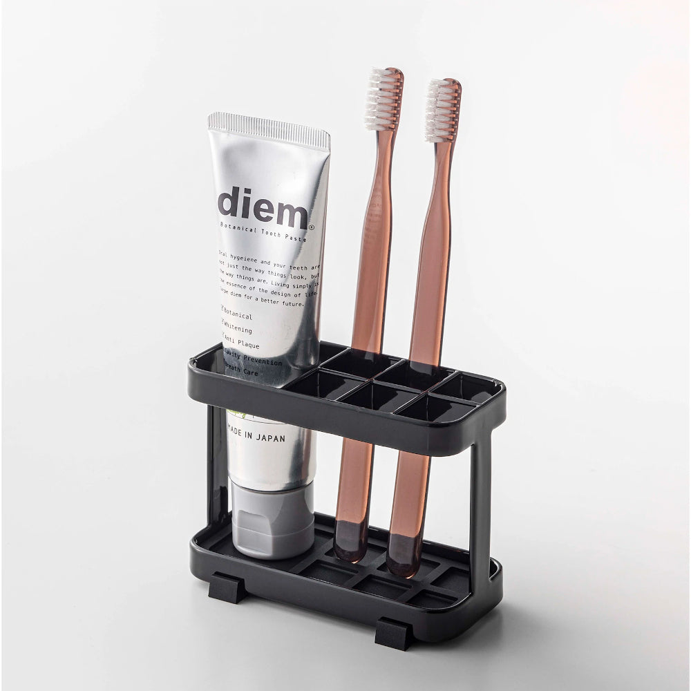 Yamazaki Tower Toothbrush Stand Black for 6 Toothbrushes & a Toothpaste Tube + Drip Tray