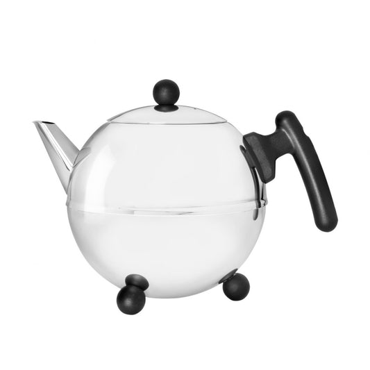Bredemeijer Teapot Double Wall Bella Ronde Design 1.2L in Polished Steel Finish With Black Fittings
