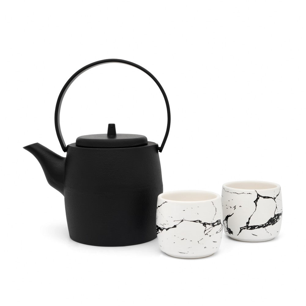 Bredemeijer Gift Set With Kobe Design Teapot 1.2L in Cast Iron Black With 2 Porcelain Cups in Black & White