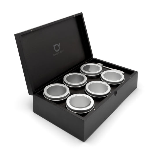 Bredemeijer Tea Box With 6 Aluminium Round Canisters, a Tea Measuring Spoon And A Solid Lid in Black Bamboo