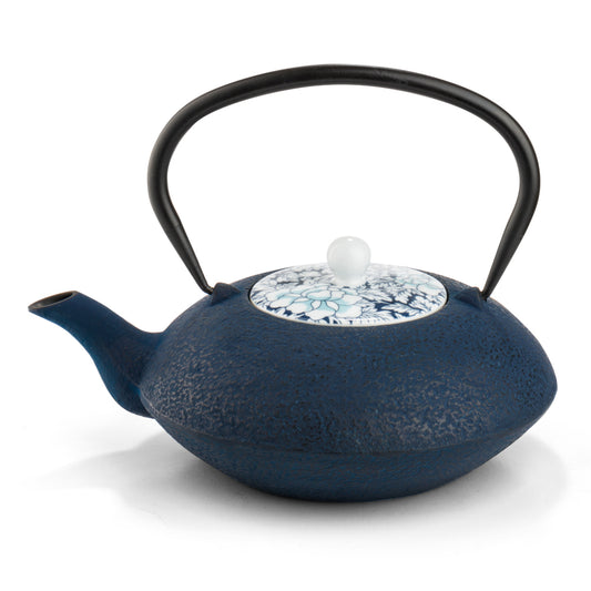 Bredemeijer Teapot Yantai Design Cast Iron 1.2L With Porcelain Lid in Blue With Stainless Steel Fine Mesh Filter