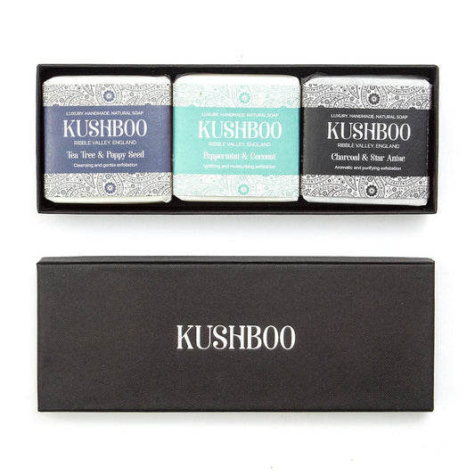 Kushboo Soap Bar For Hand, Face & Body 100% Handmade & Natural Bespoke Mens 3 Bar Gift Box (Charcoal, Tea Tree, Peppermint)