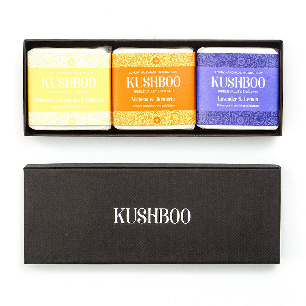 Kushboo Soap Bar For Hand, Face & Body 100% Handmade & Natural Bespoke Womens 3 Bar Gift Box (Lavender, Lemongrass, Verbena)