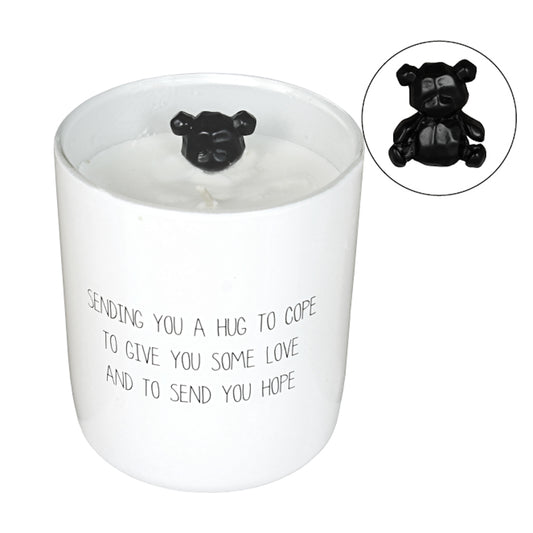 My Flame Scented Soy Candle In Glass Jar With Bear Fresh Cotton Fragrance 'Sending You A Hug To Cope' In White