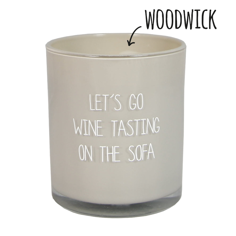 My Flame Scented Soy Candle In Glass Jar With Wooden Wick Figs Delight Fragrance 'Lets Go Wine Tasting On The Sofa' In Sand