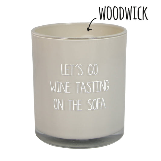 My Flame Scented Soy Candle In Glass Jar With Wooden Wick Figs Delight Fragrance 'Lets Go Wine Tasting On The Sofa' In Sand