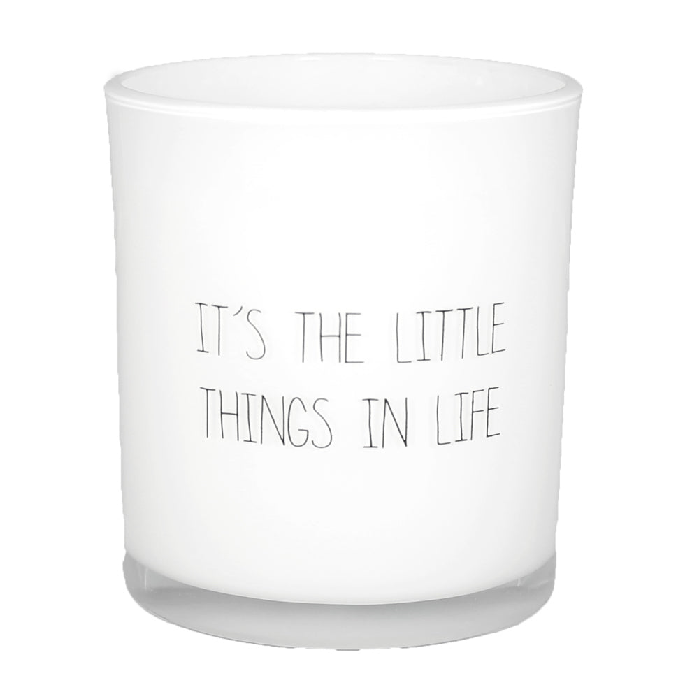 My Flame Scented Soy Candle In Glass Jar With Wooden Wick Fresh Cotton Fragrance 'Its The Little Things In Life' In White