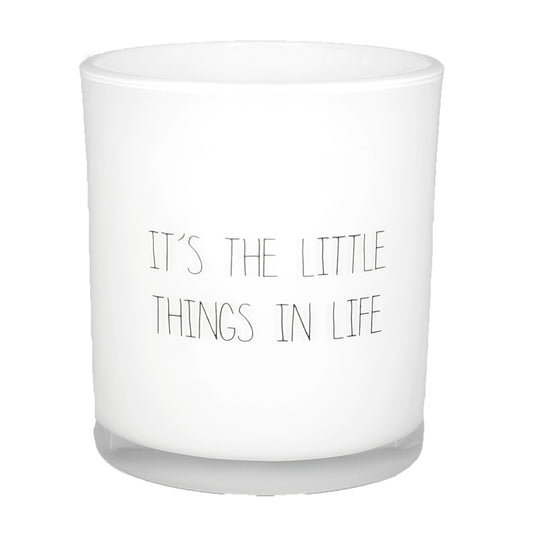 My Flame Scented Soy Candle In Glass Jar With Wooden Wick Fresh Cotton Fragrance 'Its The Little Things In Life' In White