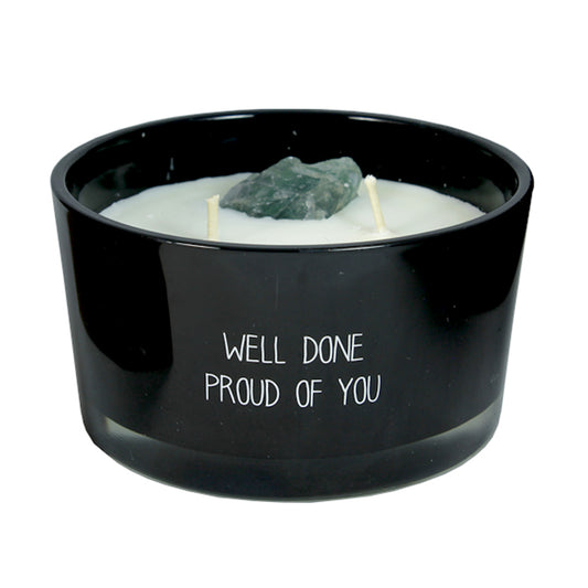 My Flame Scented Soy Candle In Glass Jar With Crystal Warm Cashmere Fragrance 'Well Done Proud Of You' In Black