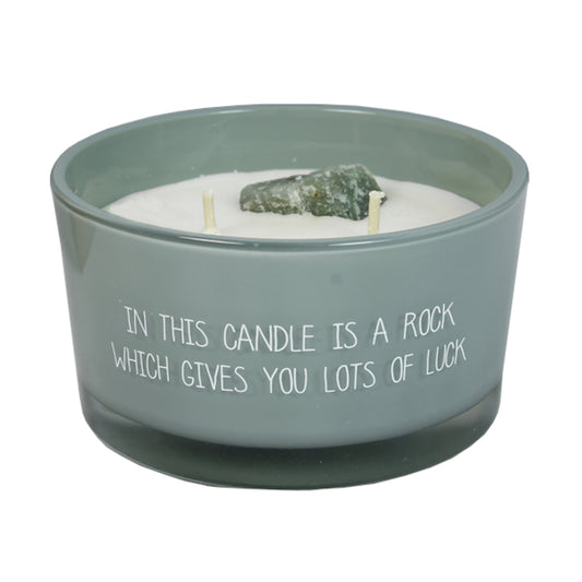 My Flame Scented Soy Candle In Glass Jar With Crystal Minty Bamboo Fragrance 'In This Candle Is A Rock Which Gives You Lots Of Luck' In Green