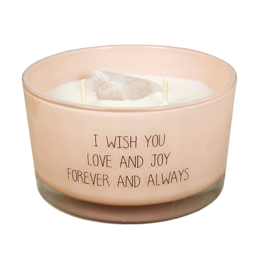 My Flame Scented Soy Candle In Glass Jar With Crystal Green Tea Time Fragrance 'I Wish You Love And Joy Forever And Always' In Pink