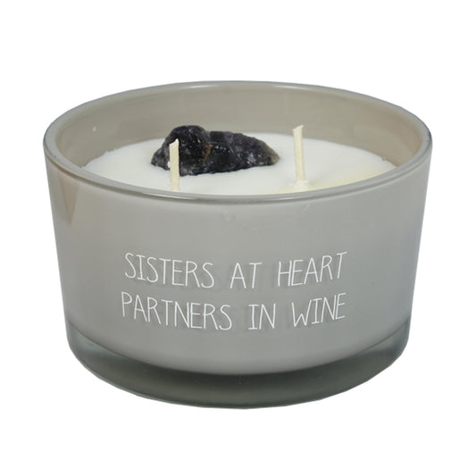 My Flame Scented Soy Candle In Glass Jar With Crystal Figs Delight Fragrance 'Sisters At Heart, Partners In Wine' In Sand
