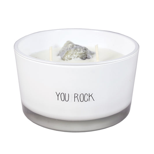 My Flame Scented Soy Candle In Glass Jar With Crystal Fresh Cotton Fragrance 'You Rock' In White
