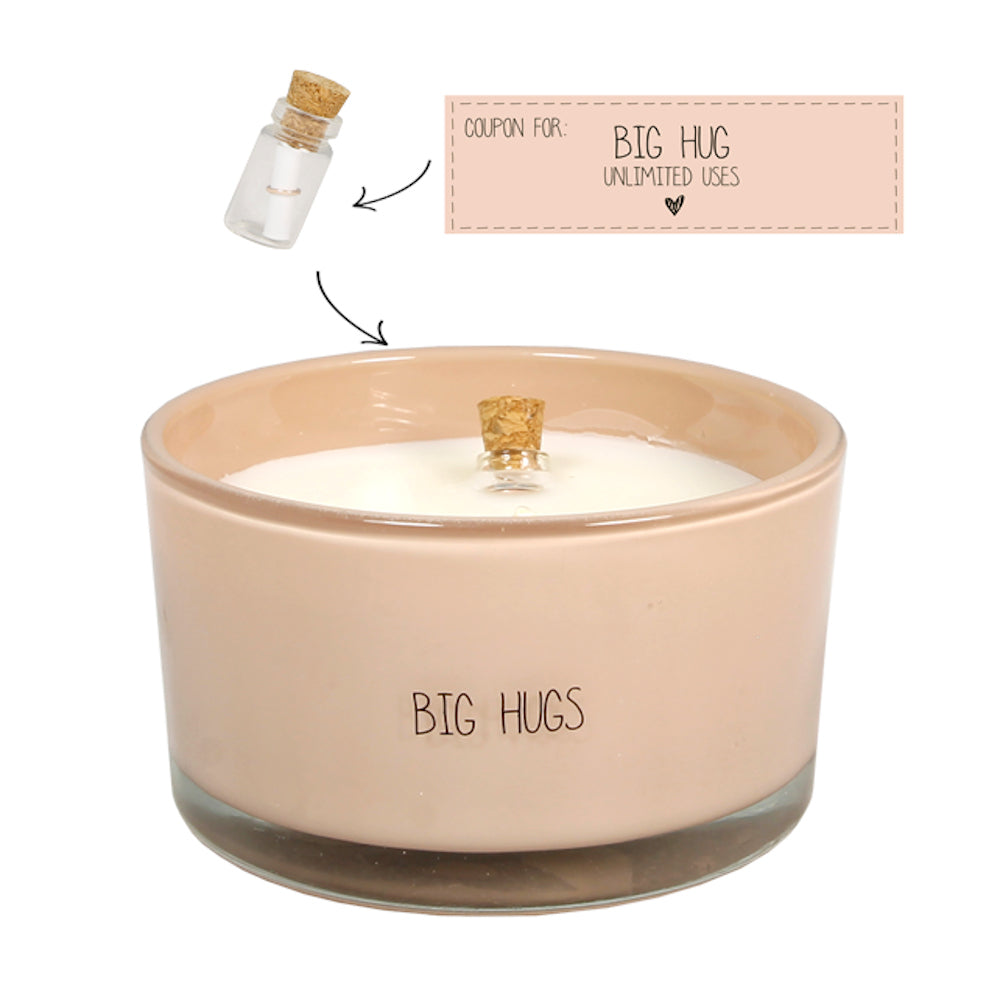 My Flame Scented Soy Candle In Glass Jar With Message Bottle Green Tea Time Fragrance 'Big Hugs' In Pink