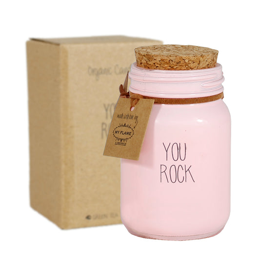 My Flame Scented Soy Candle In Glass Jar Green Tea Time  Fragrance 'You Rock' In Pink