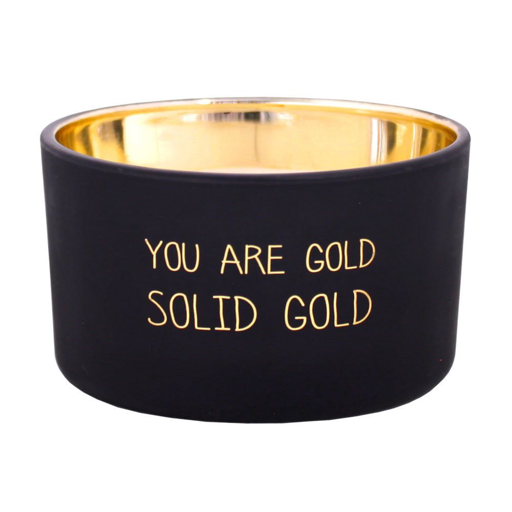 My Flame Scented Soy Candle In Glass Jar With Wooden Wick Warm Cashmere Fragrance 'You Are Gold, Solid Gold' In Matt Black