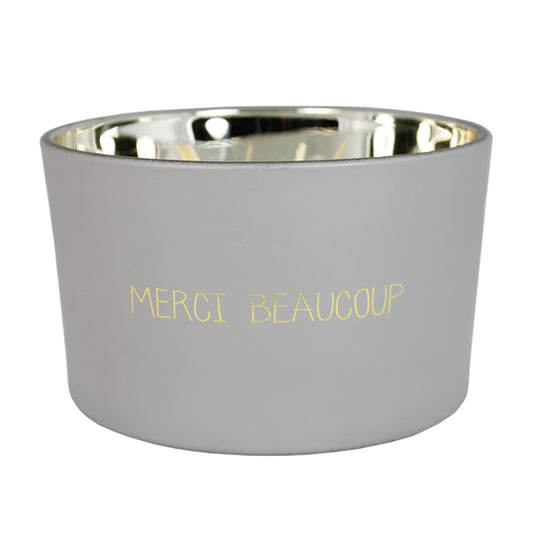 My Flame Scented Soy Candle In Glass Jar Ambers Secret Fragrance 'Merci Beaucoup' In Matt Light Grey