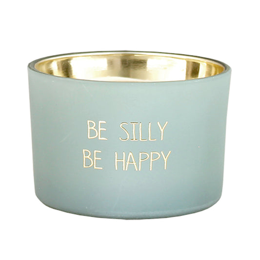 My Flame Scented Soy Candle In Glass Jar With Wooden Wick Minty Bamboo Fragrance 'Be Silly. Be Happy' In Matt Green