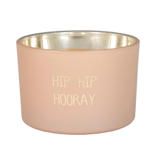 My Flame Scented Soy Candle In Glass Jar With Wooden Wick Green Tea Time Fragrance 'Hip Hip Hooray' In Matt Pink