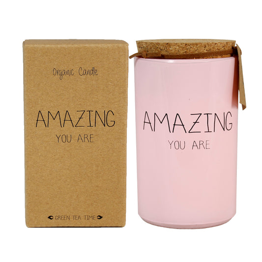 My Flame Scented Soy Candle In Glass Jar Green Tea Time Fragrance 'Amazing You Are' In Pink