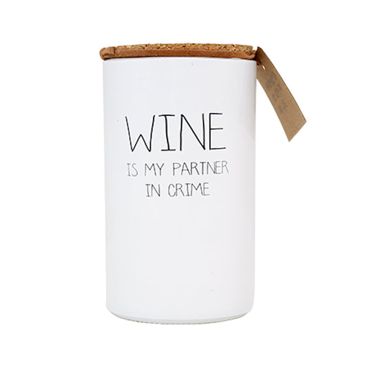 My Flame Scented Soy Candle In Glass Jar Fresh Cotton Fragrance 'Wine Is My Partner In Crime' In White