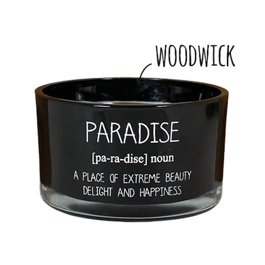 My Flame Scented Soy Candle In Glass Jar With Wooden Wick Warm Cashmere Fragrance 'Paradise, A Place Of Extreme Beauty' In Black