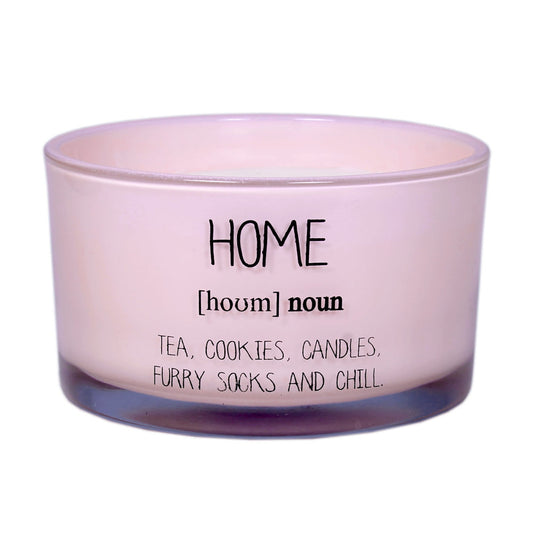 My Flame Scented Soy Candle In Glass Jar With Wooden Wick Green Tea Time Fragrance 'Home, Cookies, Furry Socks, Chill' In Pink