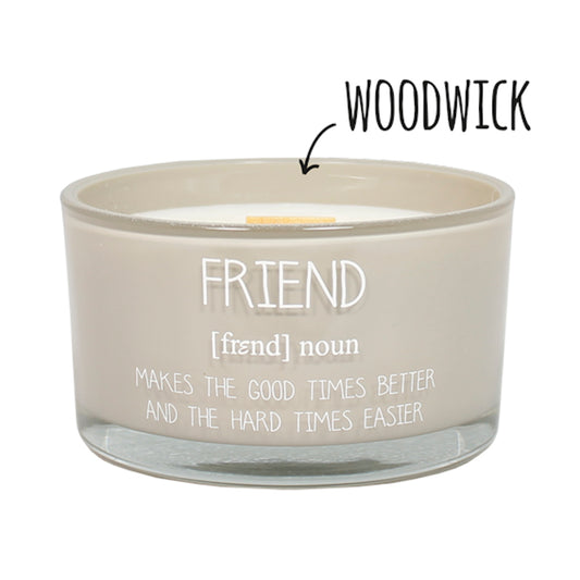 My Flame Scented Soy Candle In Glass Jar With Wooden Wick Figs Delight Fragrance 'Friend, Makes The Good Times' In Sand