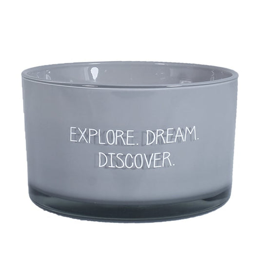 My Flame Scented Soy Candle In Glass Jar Ambers Secret Fragrance 'Explore. Dream. Discover.' In Grey