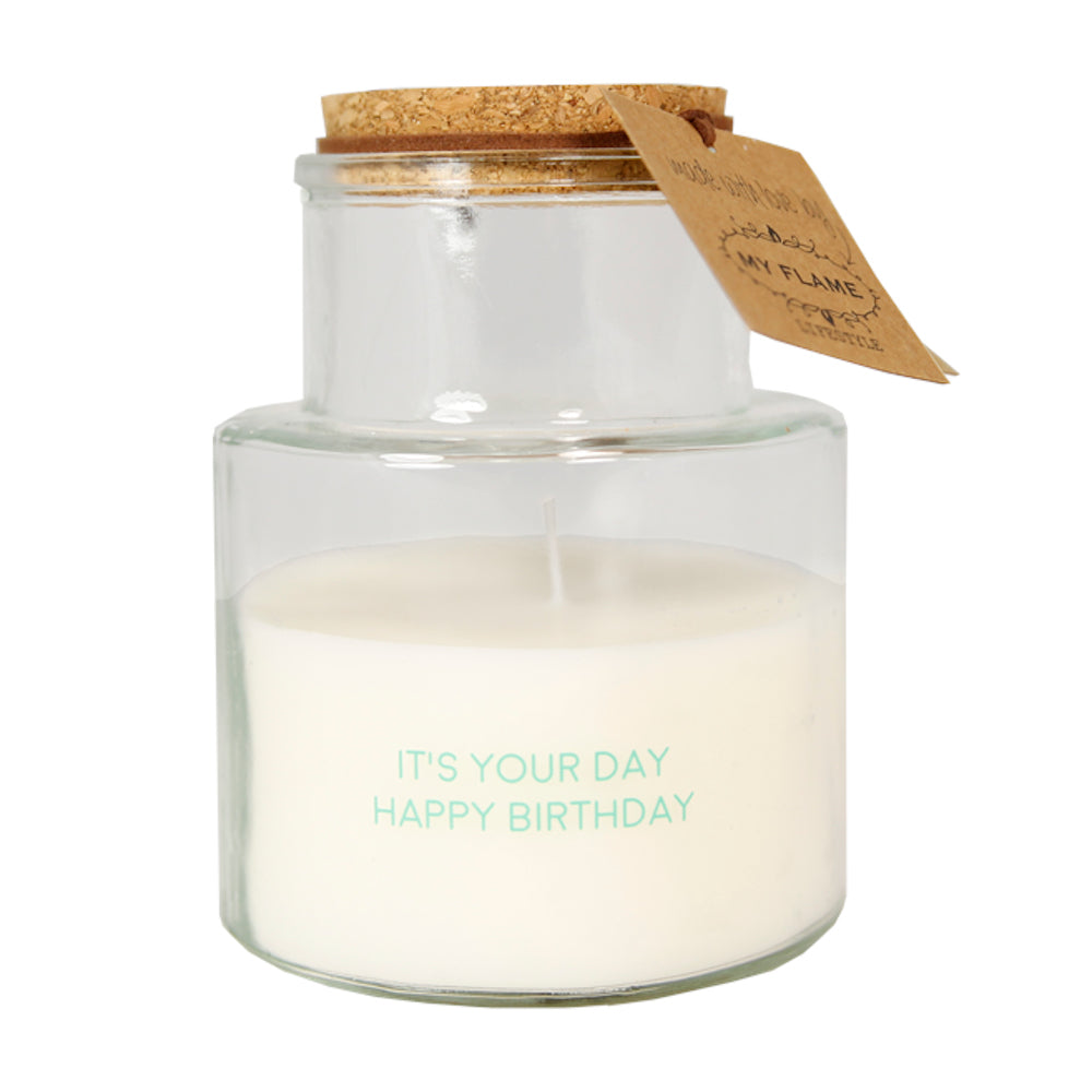 My Flame Outdoor Scented Soy Candle Bella Citronella Fragrance 'Its Your Day Happy Birthday' In White