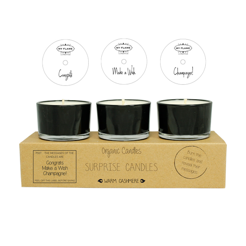 My Flame Surprise Soy Candles Warm Cashmere Fragrance 'Congrats, Champagne!, Make A Wish ' In Black