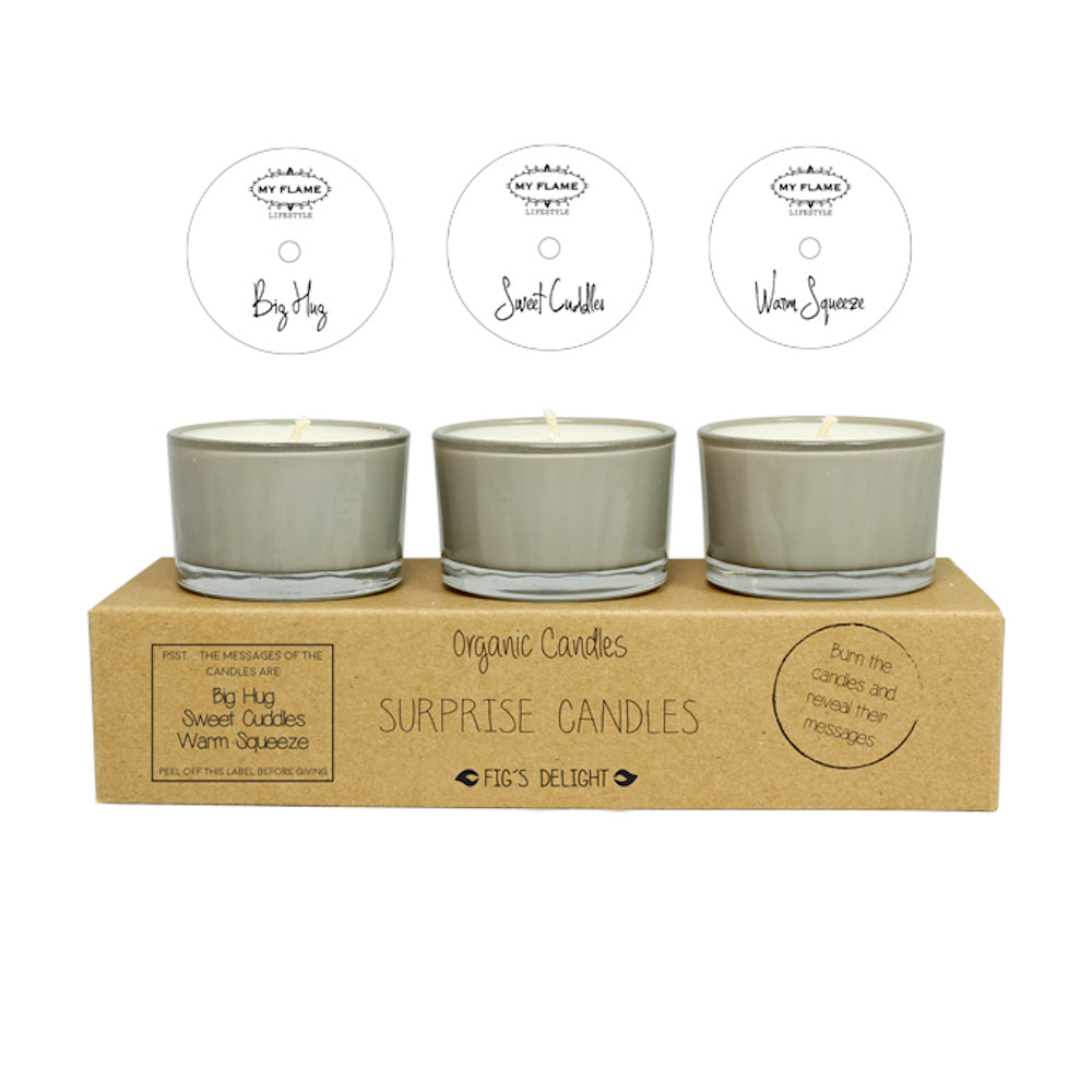 My Flame Surprise Soy Candles Figs Delight  Fragrance 'Big Hug, Sweet Cuddles, Warm Squeeze ' In Sand 