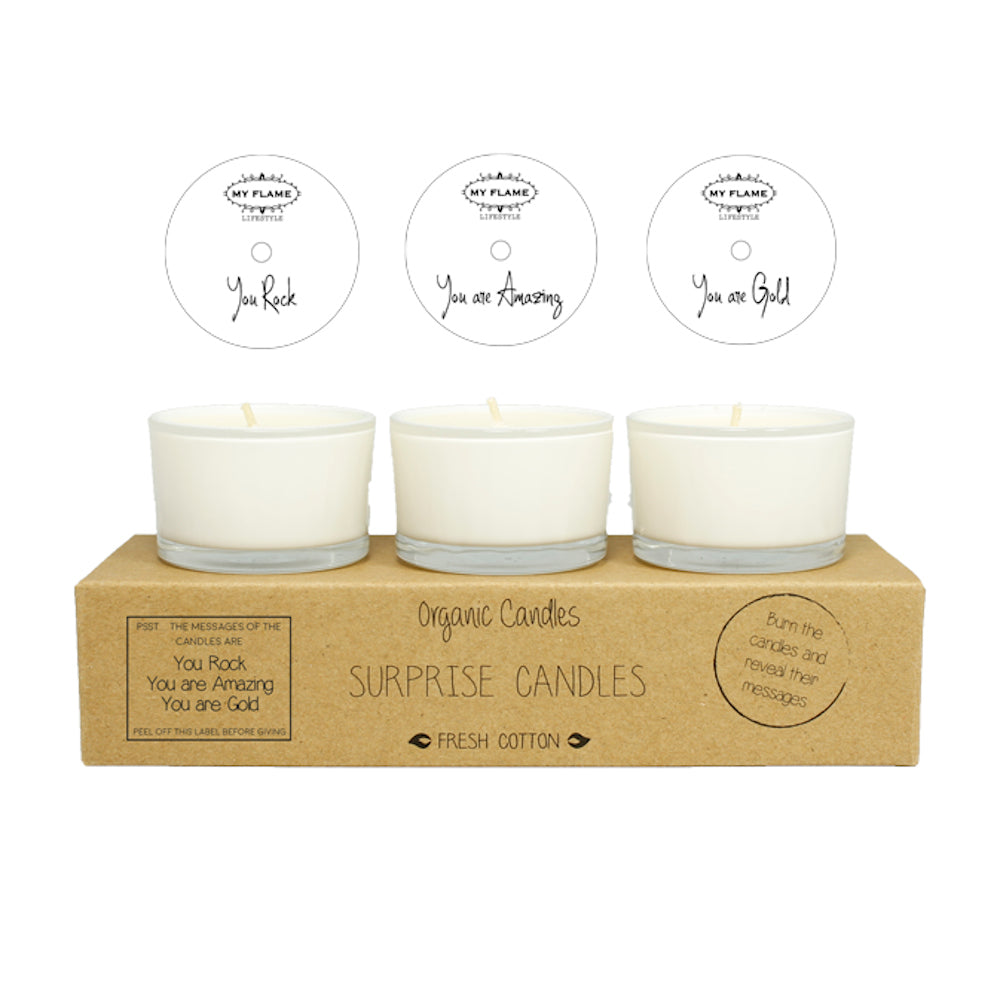 My Flame Surprise Soy Candles Fresh Cotton Fragrance 'You Rock, You Are Gold, You Are Amazing ' In White