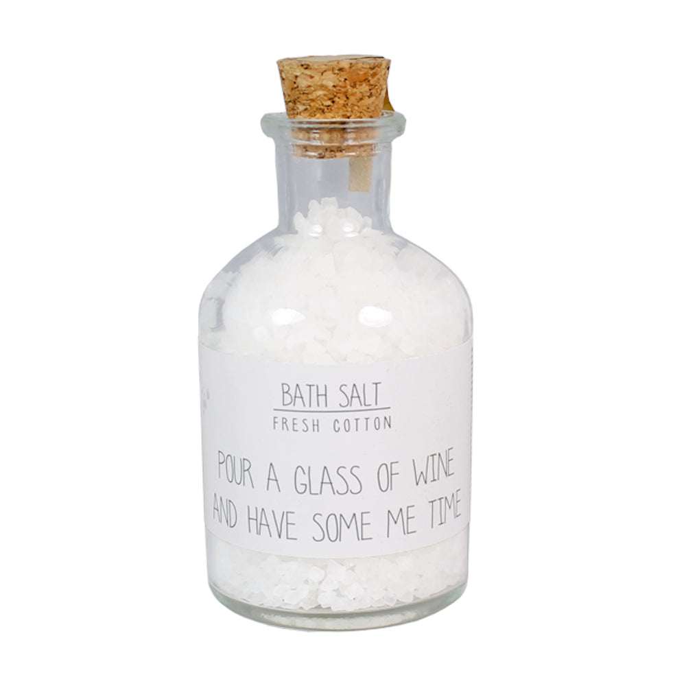 My Flame Bath Salt In A Glass Jar Fresh Cotton Fragrance 'Pour A Glass Of Wine And Have Some Me Time' In White