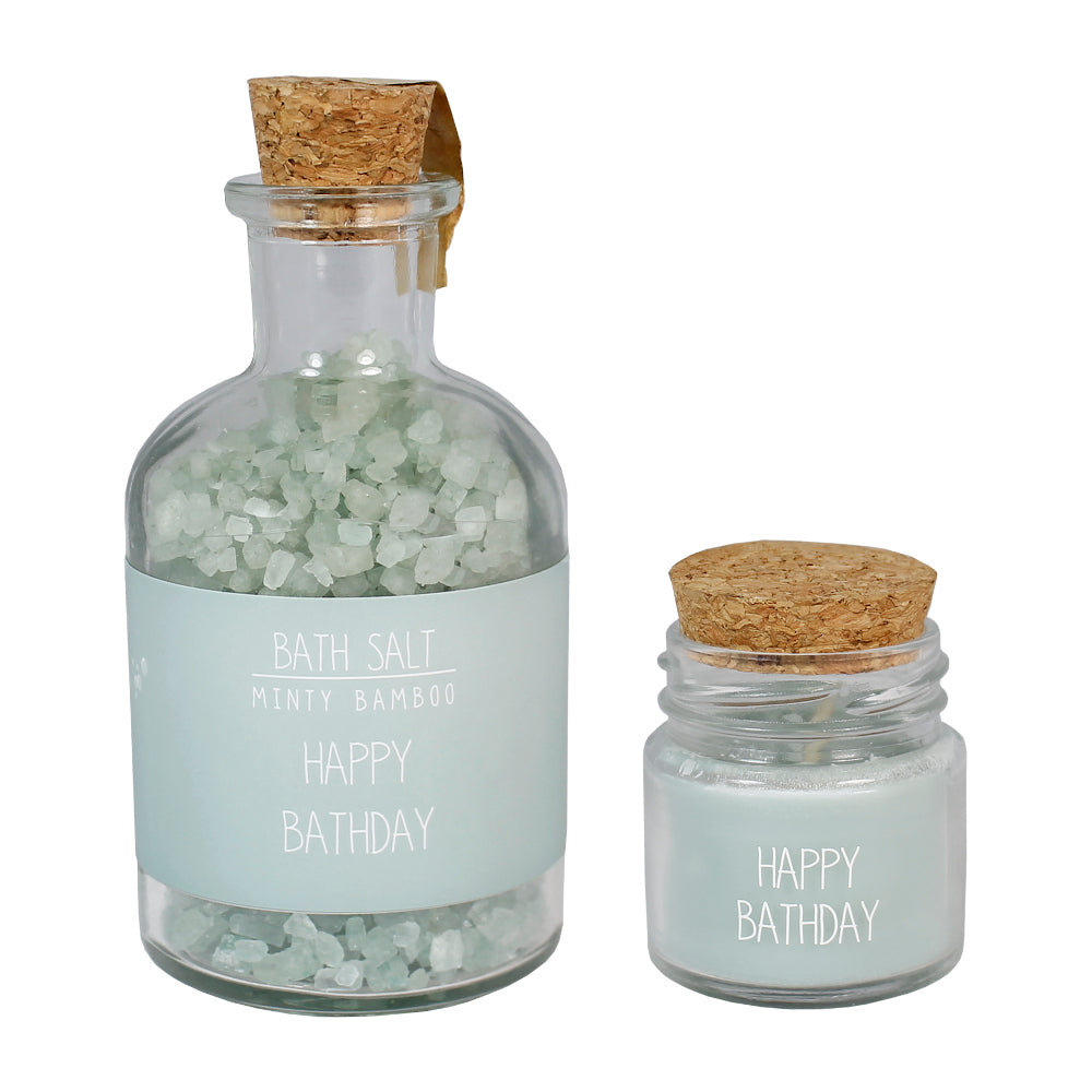 My Flame Spa Giftbox - Bath Salt And Organic Soy Candle Minty Bamboo Fragrance 'Happy Bathday' In Green