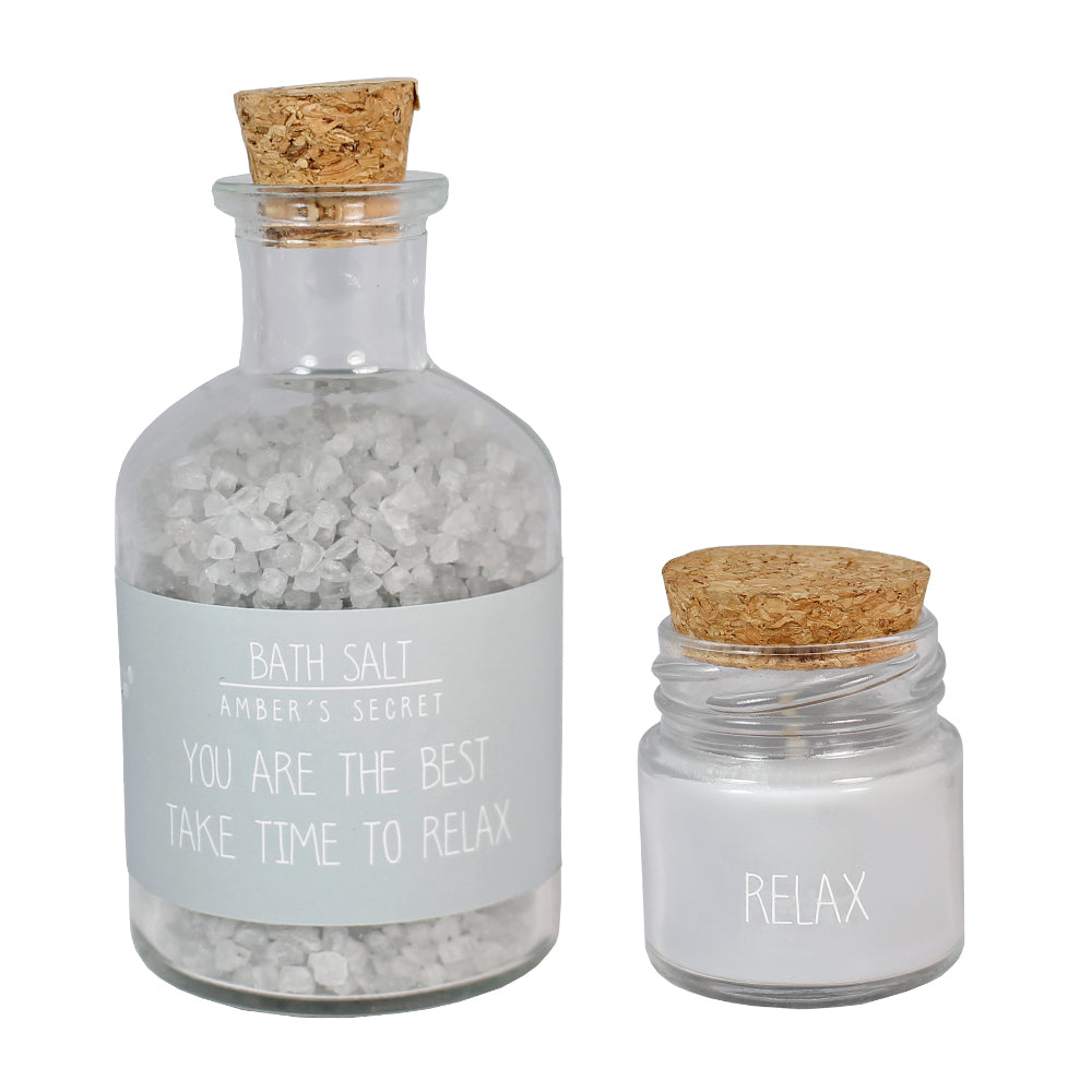 My Flame Spa Giftbox - Bath Salt And Organic Soy Candle Ambers Secret Fragrance 'You Are The Best, Take Time To Relax' In Light Grey