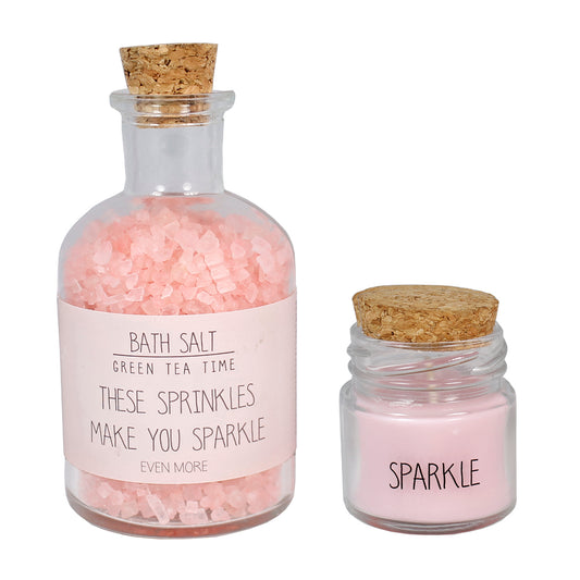 My Flame Spa Giftbox - Bath Salt And Organic Soy Candle Green Tea Time Fragrance 'These Sprinkles Make You Sparkle' In Pink