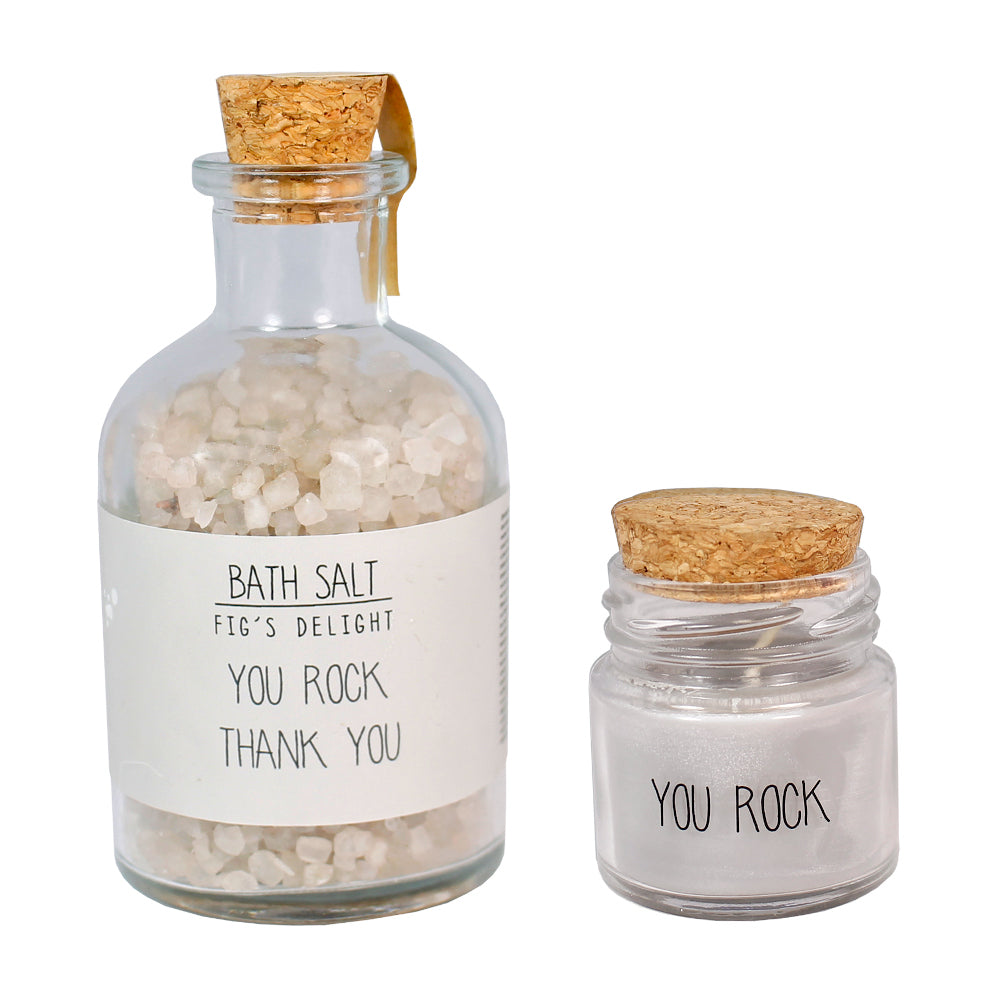 My Flame Spa Giftbox - Bath Salt And Organic Soy Candle Figs Delight Fragrance 'You Rock, Thank You' In Sand