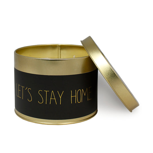 My Flame Scented Soy Candle In Gold Tin Warm Cashmere Fragrance 'Lets Stay Home ' In Black 