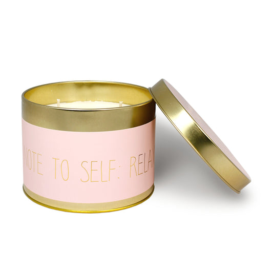 My Flame Scented Soy Candle In Gold Tin Green Tea Time Fragrance 'Note To Self: Relax' In Pink