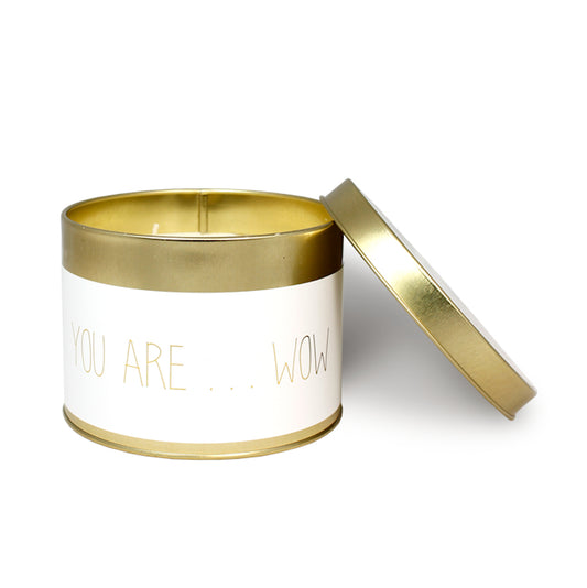 My Flame Scented Soy Candle In Gold Tin Fresh Cotton Fragrance 'You AreÂ Wow' In Off White