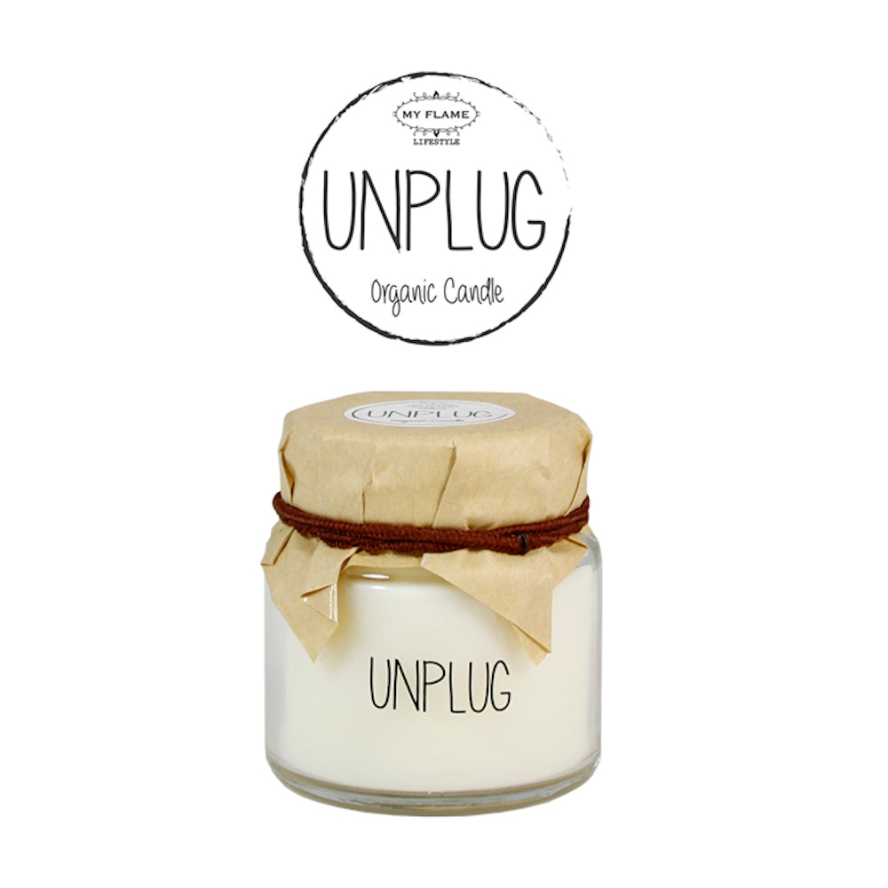My Flame Scented Soy Candle In Mini Tall Glass Jar Fresh Cotton Fragrance 'Unplug' In White