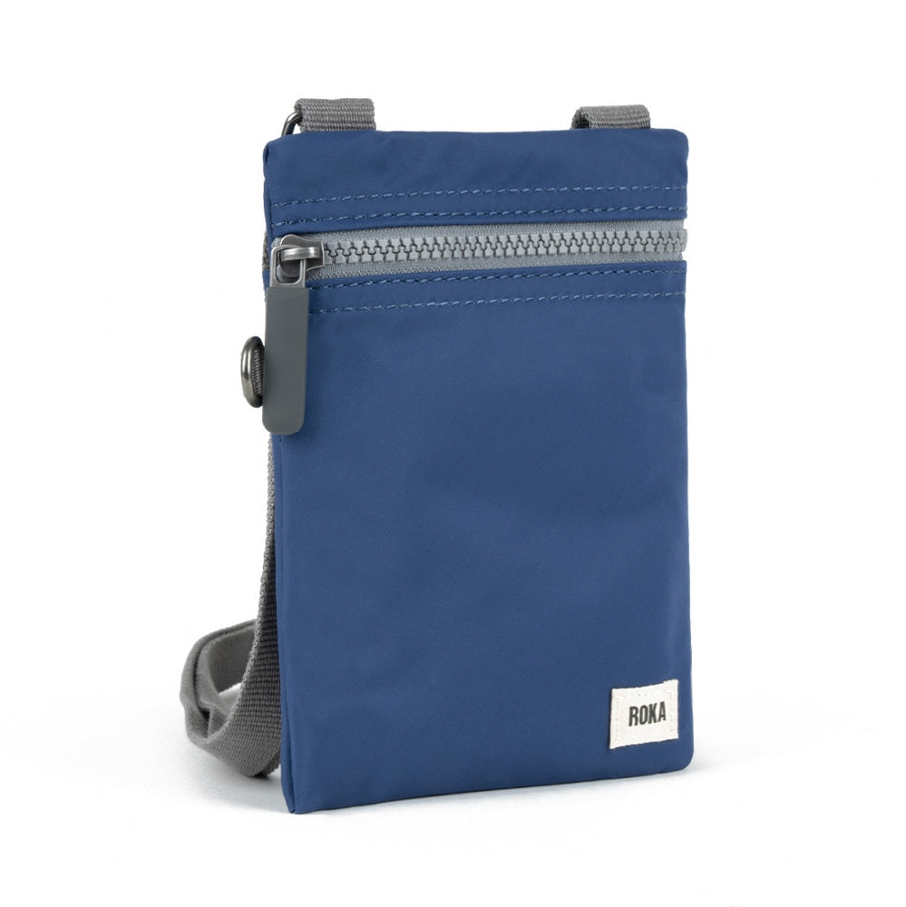 Roka London Cross Body Shoulder Swing Pocket Bag Chelsea Recycled Repurposed Sustainable Nylon In Burnt Blue