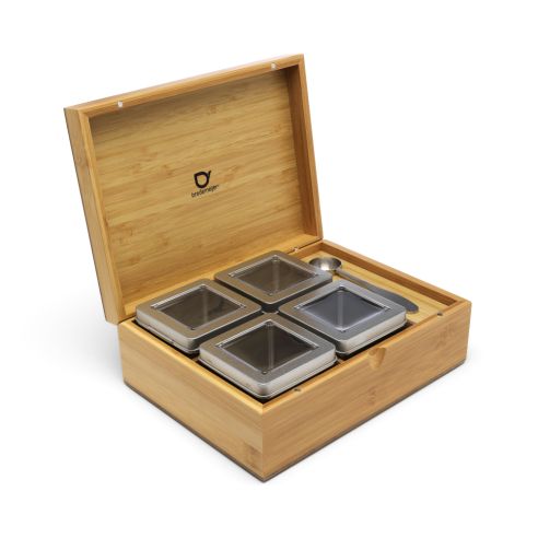 Bredemeijer Tea Box in Bamboo with 4 Aluminium Square Canisters, a Tea Measuring Spoon And A Solid Lid in Natural