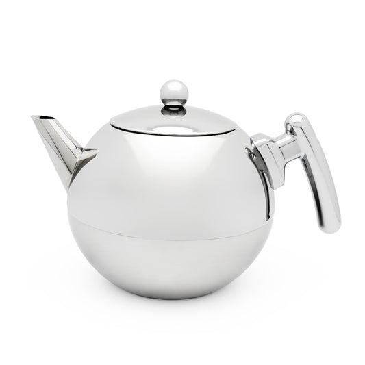 Bredemeijer Teapot Double Wall Bella Ronde Design 1.2L in Polished Steel Finish With Flat Base & Chrome Fittings