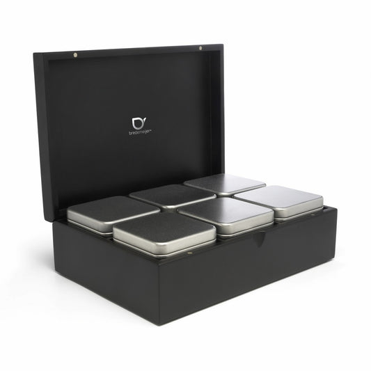 Bredemeijer Tea Box in Bamboo With 6 Aluminium Square Canisters And A Solid Lid in Black