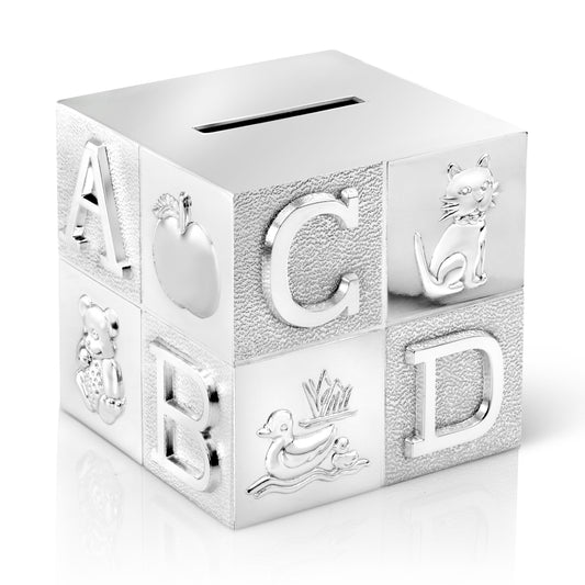 Zilverstad Money Box Cube Design with ABC Motif in Lacquered Silver Plate 7.5cm Square