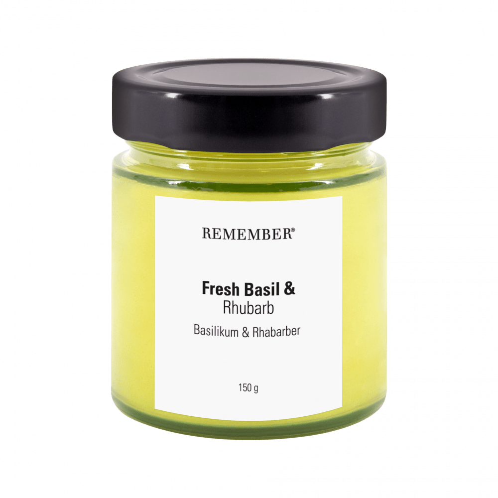 Remember Scented Candle In 100% Soy Wax Fresh Basil & Rhubarb Fragrance Burn Time 35 hours