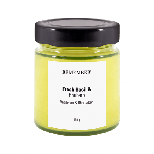 Remember Scented Candle In 100% Soy Wax Fresh Basil & Rhubarb Fragrance Burn Time 35 hours